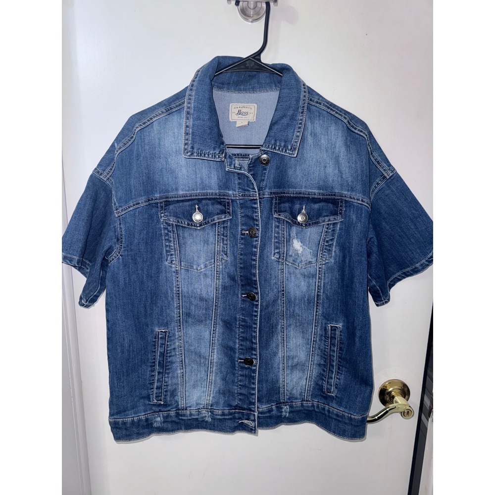 GH Bass & Co Womens Short Sleeve Denim Jacket Distressed Medium Wash Size L